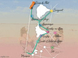 GIF de notre van qui parcourt l'itinéraire sur une carte du territoire Bisca Grands Lacs