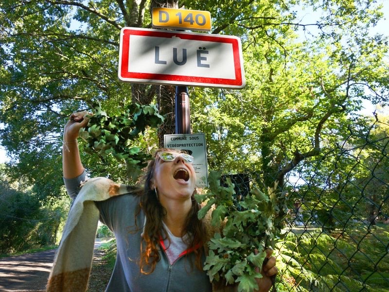 Près d'un chêne devant le panneau de Luë