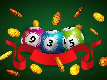 Lottery balls, flying golden coins and red ribbon