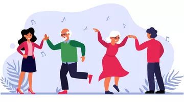 Senior couple dancing with young people